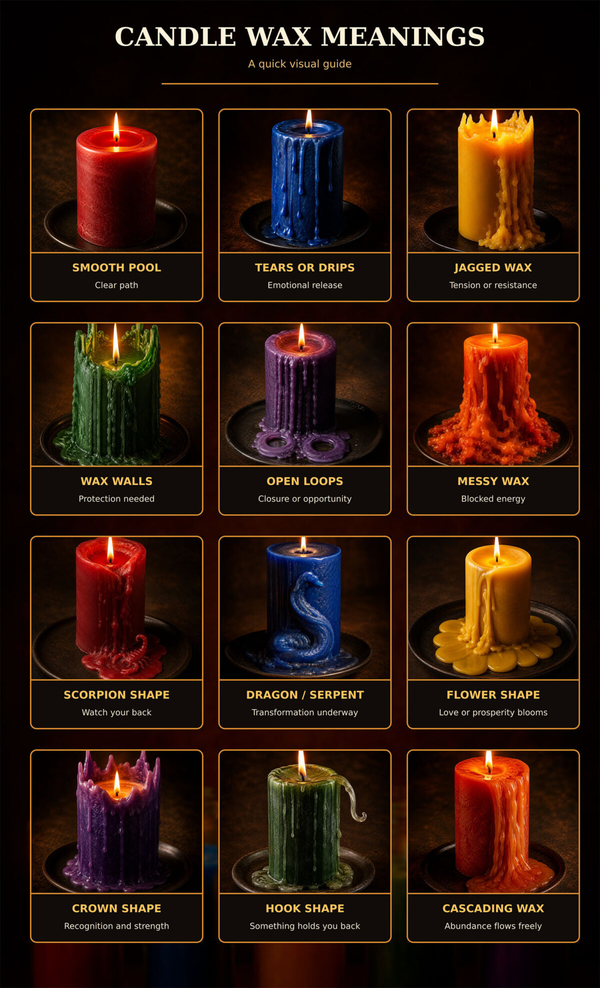Candle wax meanings visual grid