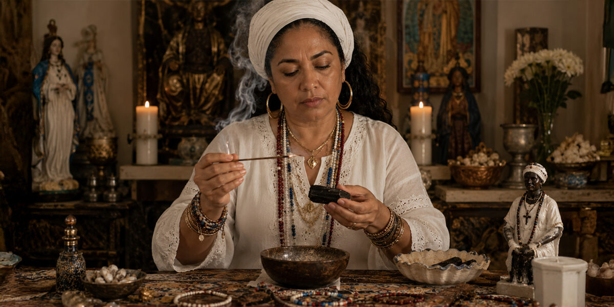 Cleansing black tourmaline with incense