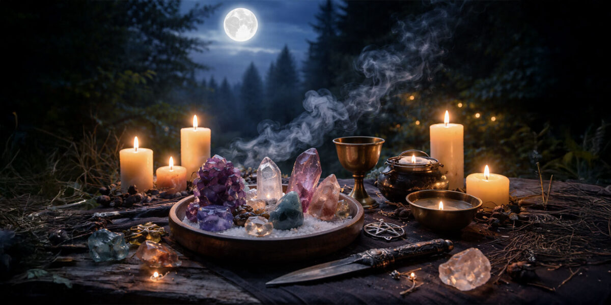 Cleansing ritual tools under moonlight