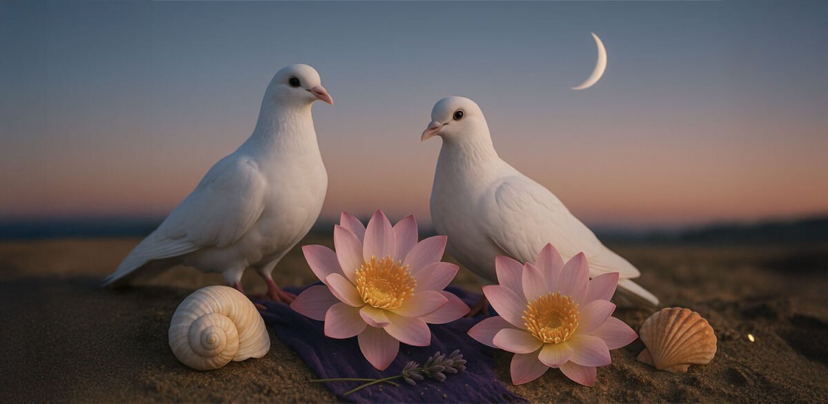 Doves lotus flower seashells peace symbols