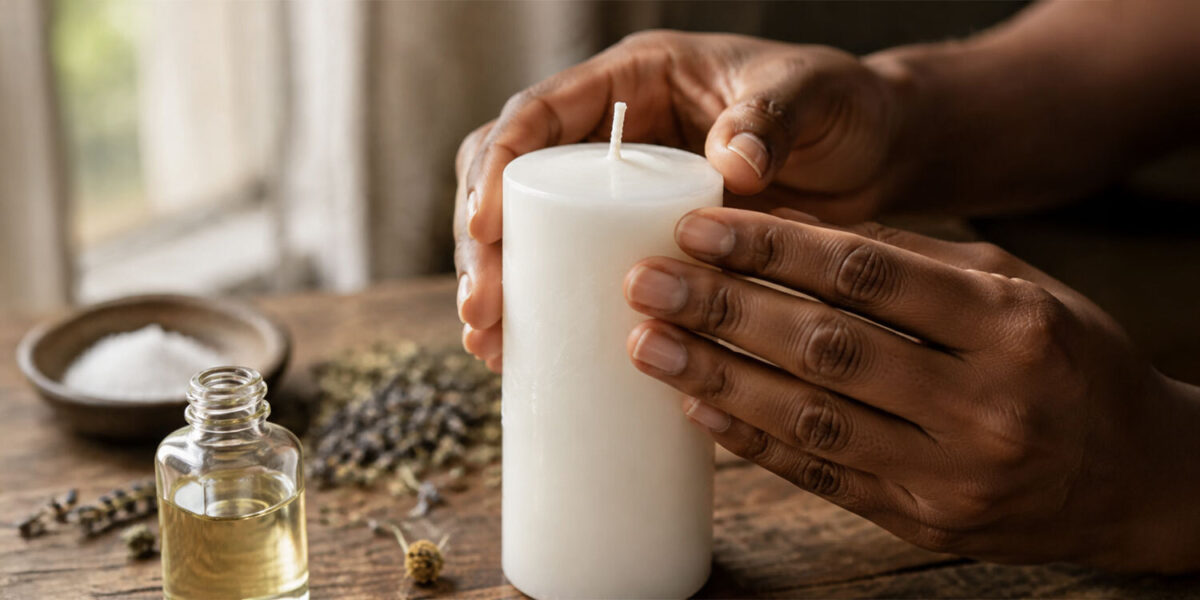 Hoodoo practitioner dressing candle