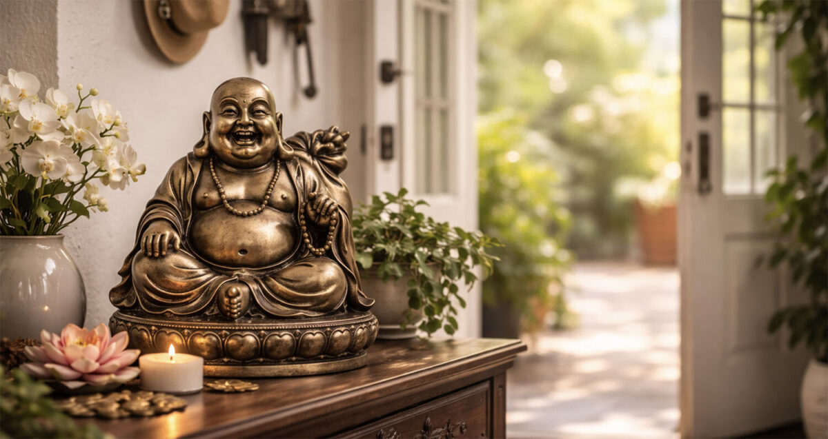 Lucky buddha statue placement doorway